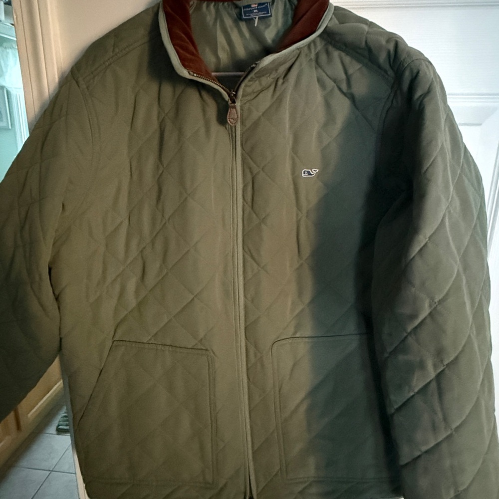 Vineyard Vines Olive Quilted Jacket with Brown Collar